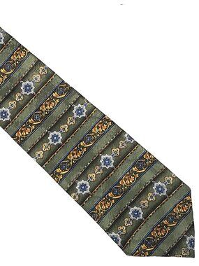 Ketch Green Gold Striped Floral Polyester Tie Necktie 4 x 58